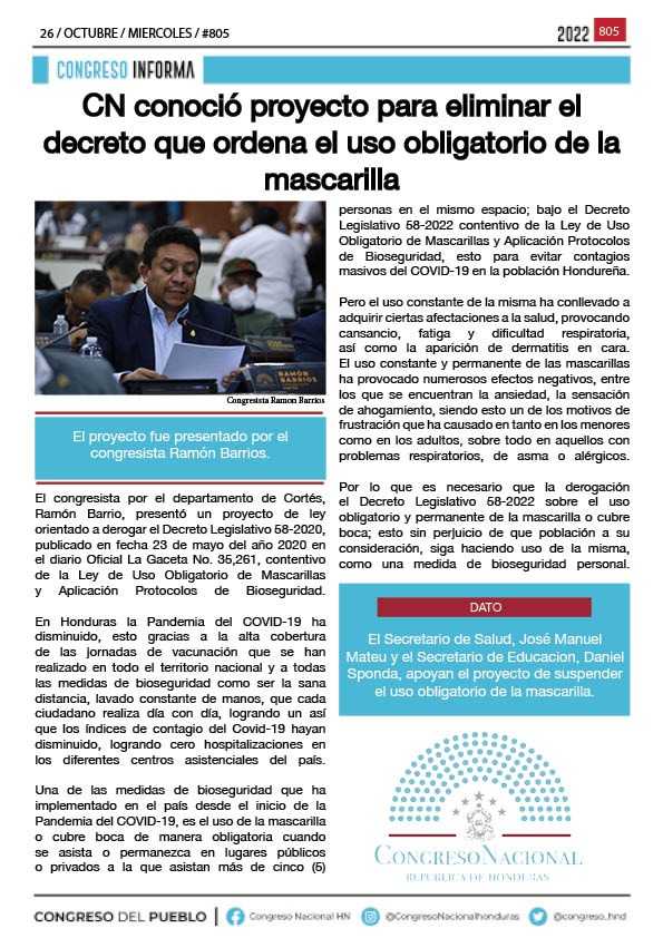 CN conoció proyecto para eliminar el decreto que ordena el uso obligatorio de la mascarilla